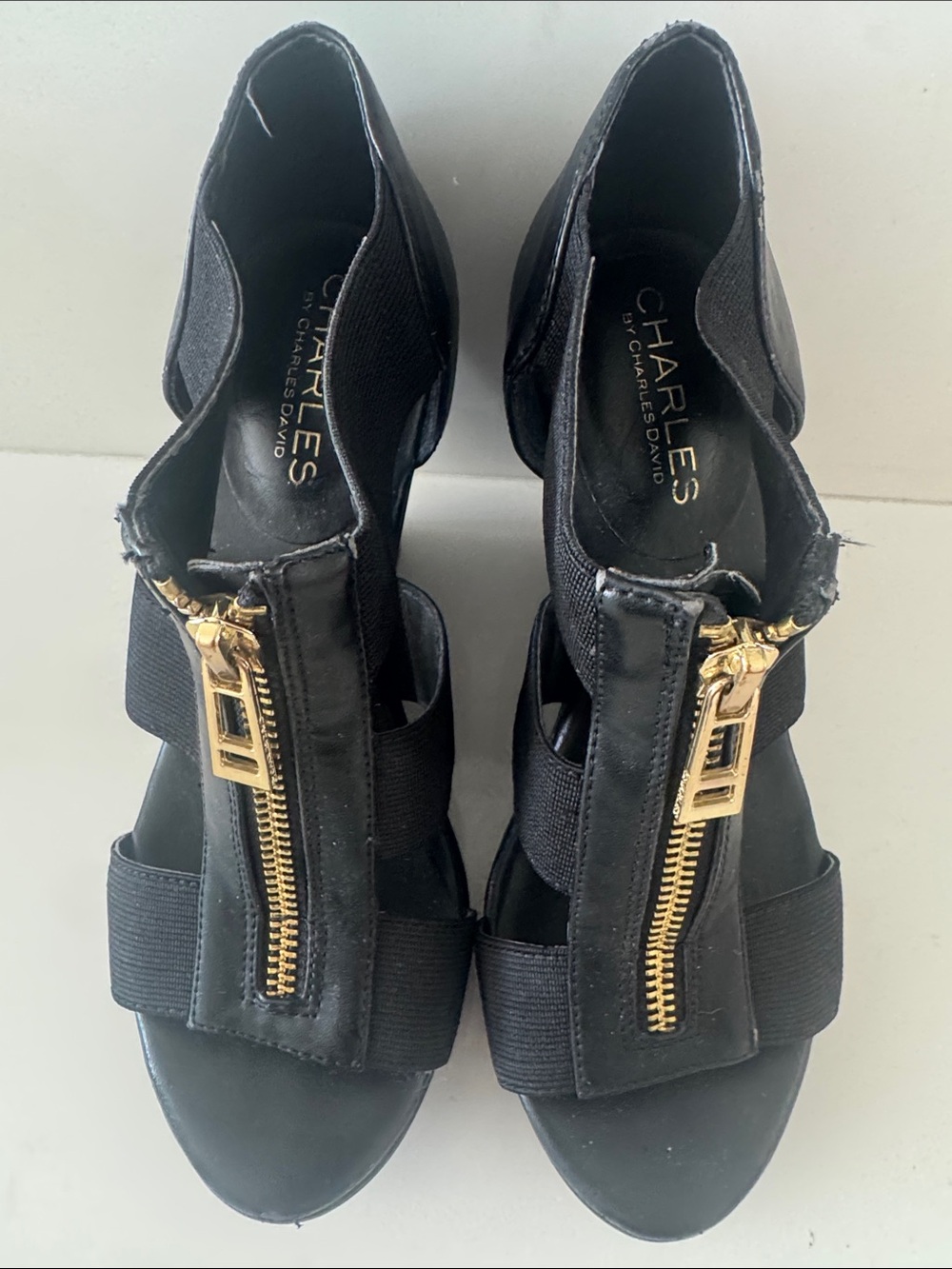 Charles David Black Sandal with Gold Front Zipper